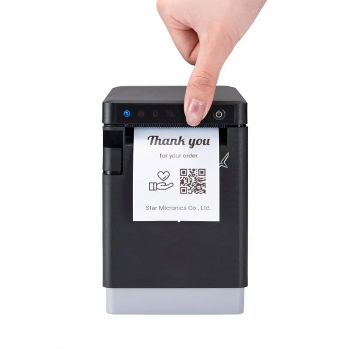 スター精密のサーマルラベルプリンターmC-Label2シリーズをOne Touch Labelを使用して、ボタン押下ひとつでラベル印刷をするイメージ。