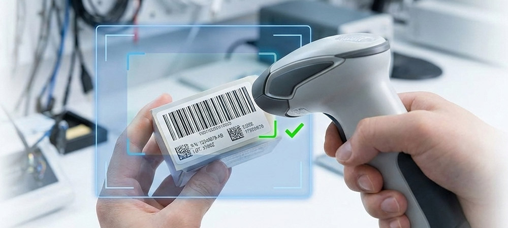 DS-2300でラベル上の高密度1次元バーコードと極小2次元QRコードをスキャンしている様子。読み取り成功を示すチェックマークが表示されている。