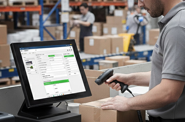 エフケイシステム 防塵防水 タッチパネルPC「K5ve II」を物流倉庫で検品システム端末として利用しているイメージ