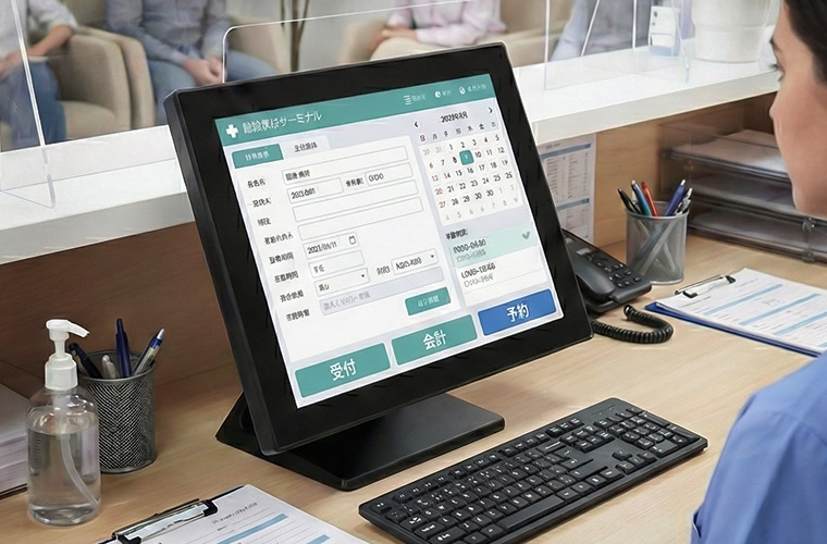 エフケイシステム 防塵防水 タッチパネルPC「K5ve II」を受付システムのフロント端末として利用しているイメージ