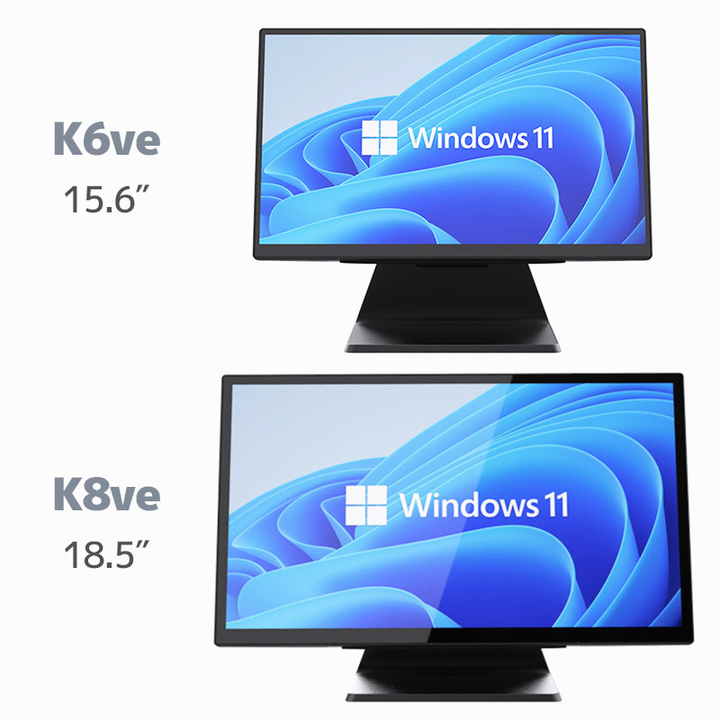 エフケイシステム 防塵防水 タッチパネルPC「K6ve」と「K8ve」のサイズ比較。K6veは15.6インチ、K8veは18.5インチ。