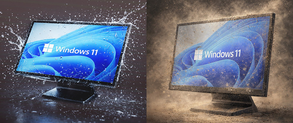 エフケイシステム 防塵防水 タッチパネルPC「K6ve / K8ve」が強い噴流水・粉塵にさらされているイメージ。