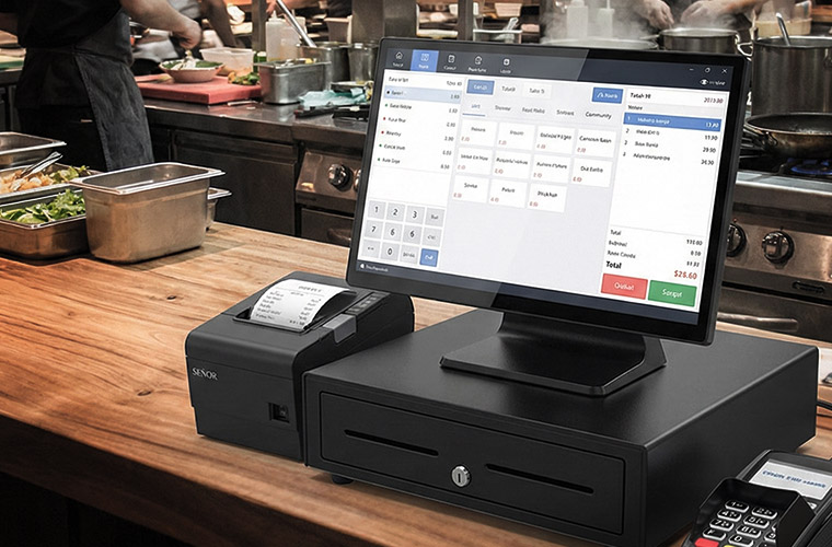 エフケイシステム 防塵防水 タッチパネルPC「K6ve / K8ve」を飲食店レジ・キッチン周辺で使用している様子