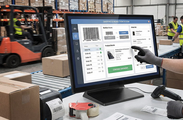 エフケイシステム 防塵防水 タッチパネルPC「K6ve / K8ve」を物流倉庫で検品システム端末として利用しているイメージ