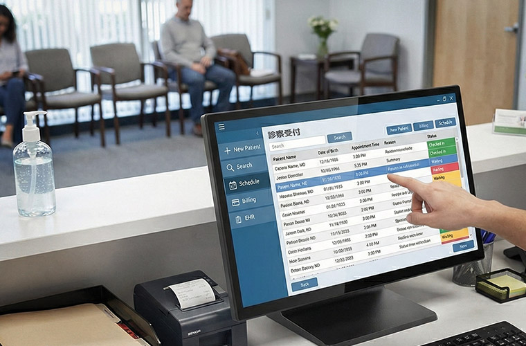 エフケイシステム 防塵防水 タッチパネルPC「K6ve / K8ve」を受付システムのフロント端末として利用しているイメージ