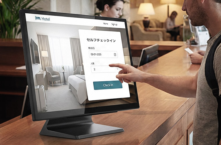 エフケイシステム 防塵防水 タッチパネルPC「K6ve / K8ve」をホテルのセルフチェックイン端末として利用しているイメージ