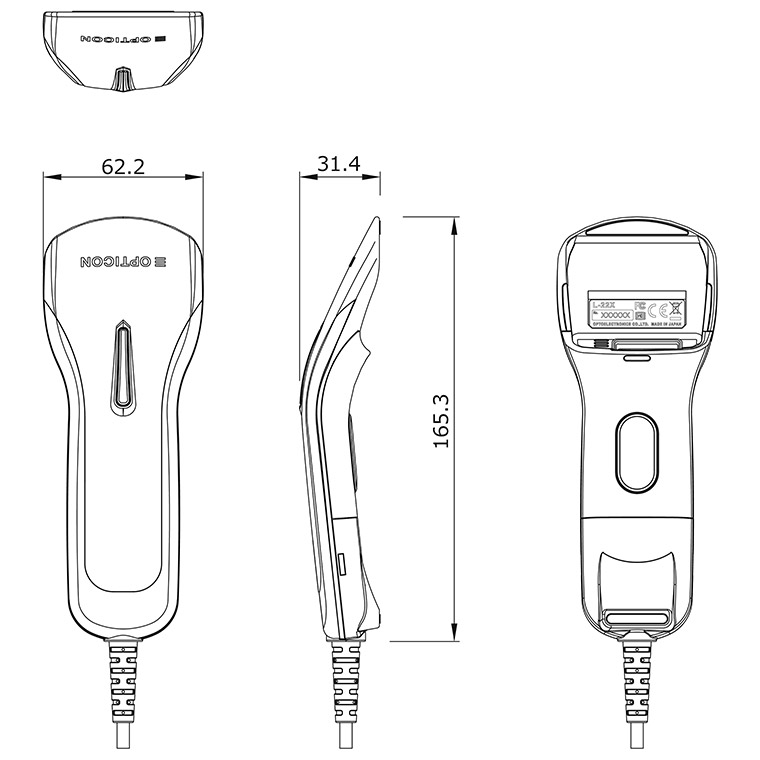オプトエレクトロニクスのバーコードリーダー L-22XS のサイズ図解