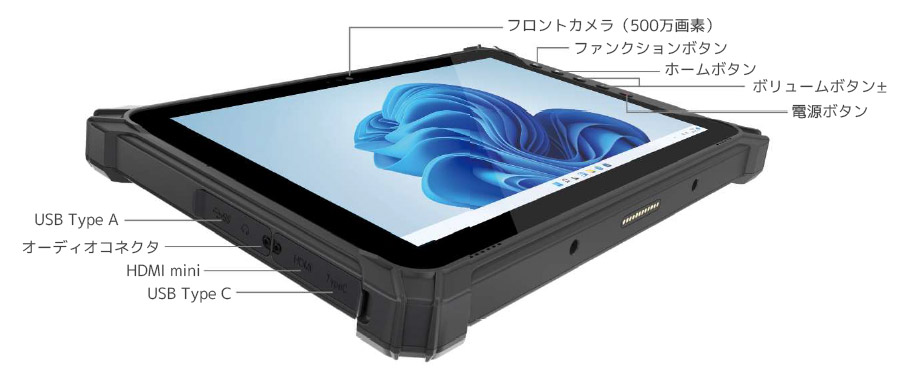 WindowsタブレットPCのボタン配置とインターフェースを示す説明画像