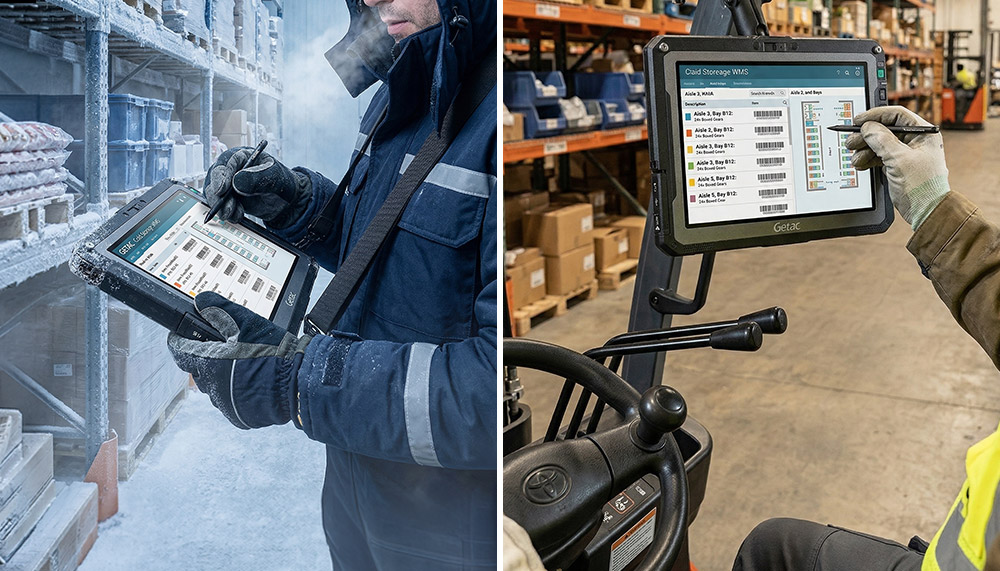 冷凍倉庫や物流現場で Getac ZX10 を操作する使用イメージ