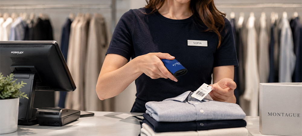 アパレル店舗のレジカウンターでSocketScan S720を使って商品タグを読み取る様子
