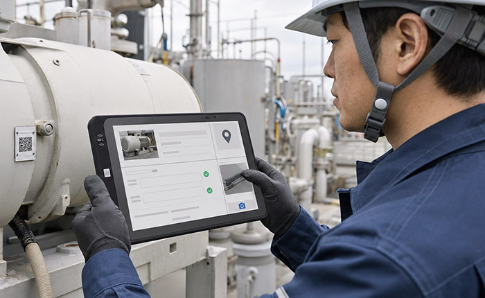 工場設備の点検にMP600を使用する作業員